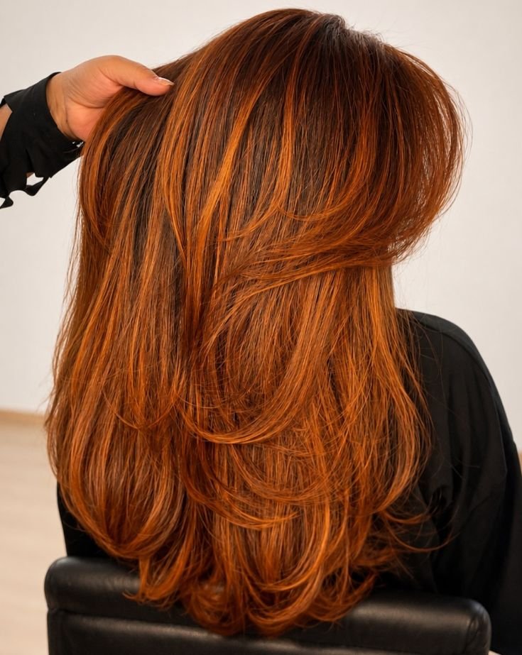 Cabello cobrizo con capas largas